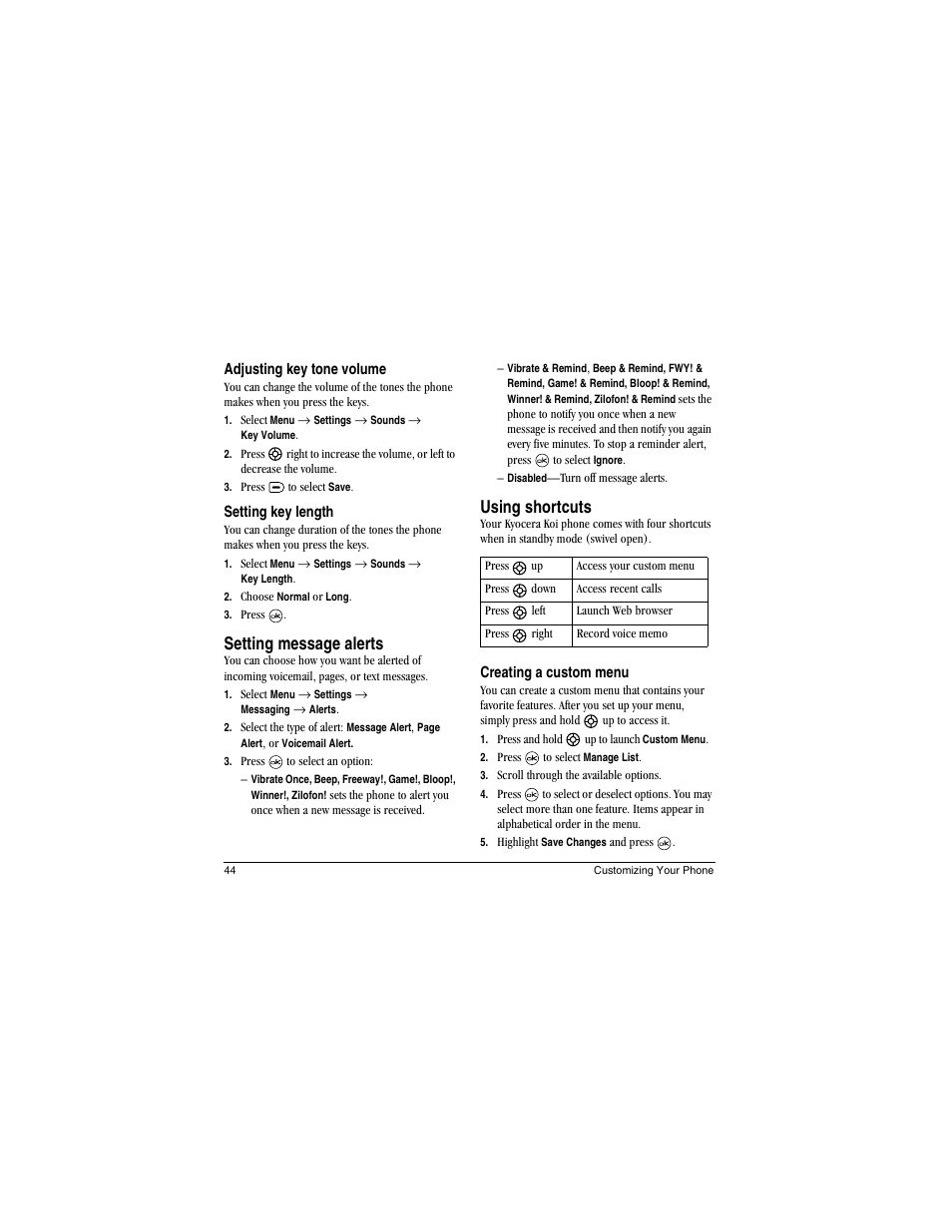 Setting message alerts, Using shortcuts | Kyocera Koi User Manual | Page 50 / 72