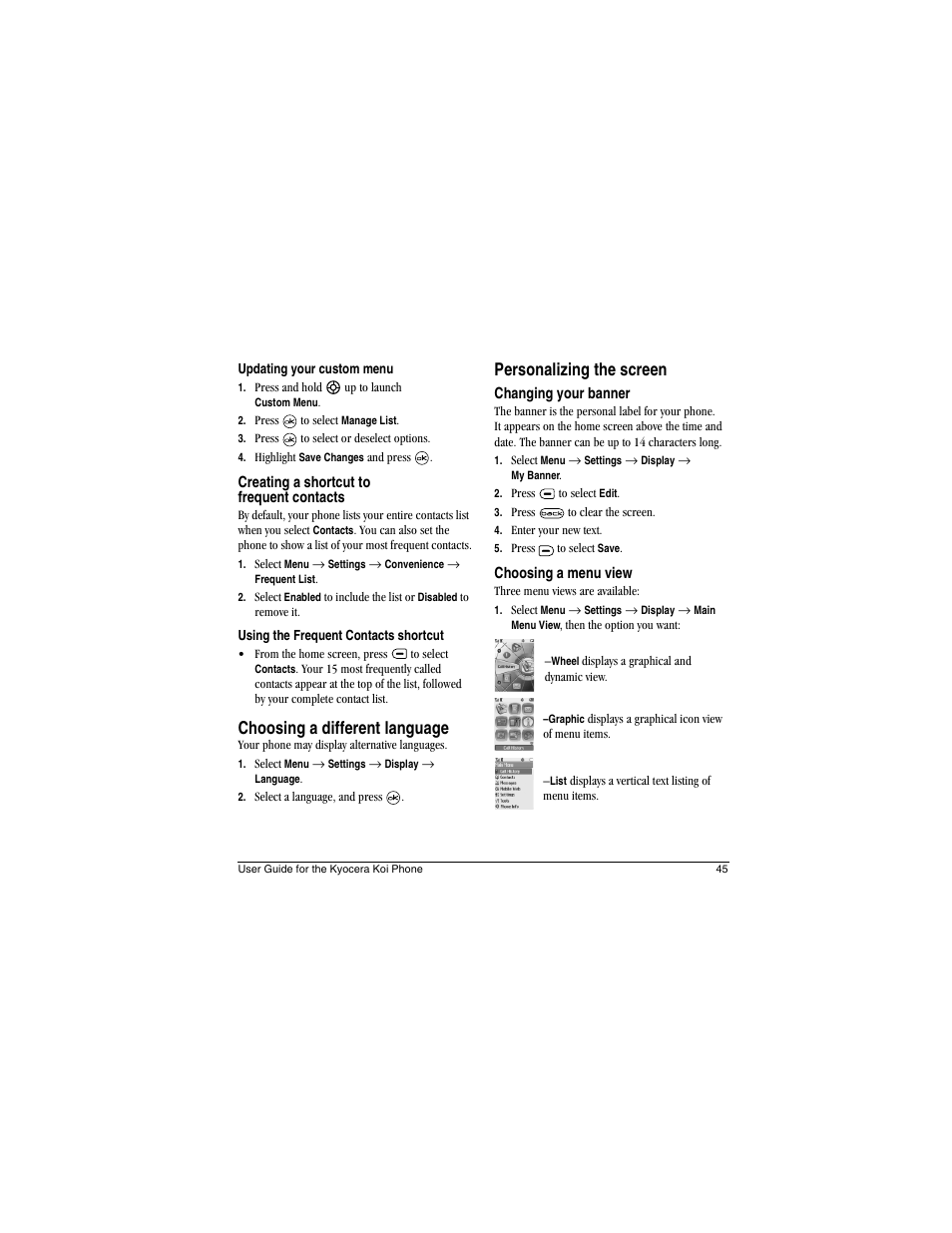 Choosing a different language, Personalizing the screen | Kyocera Koi User Manual | Page 51 / 72