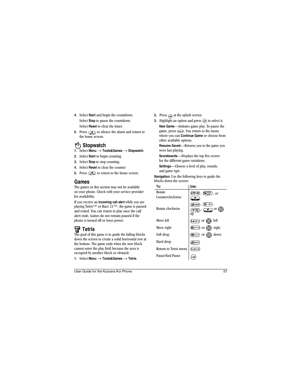 Stopwatch, Games, Tetris | Kyocera Koi User Manual | Page 63 / 72