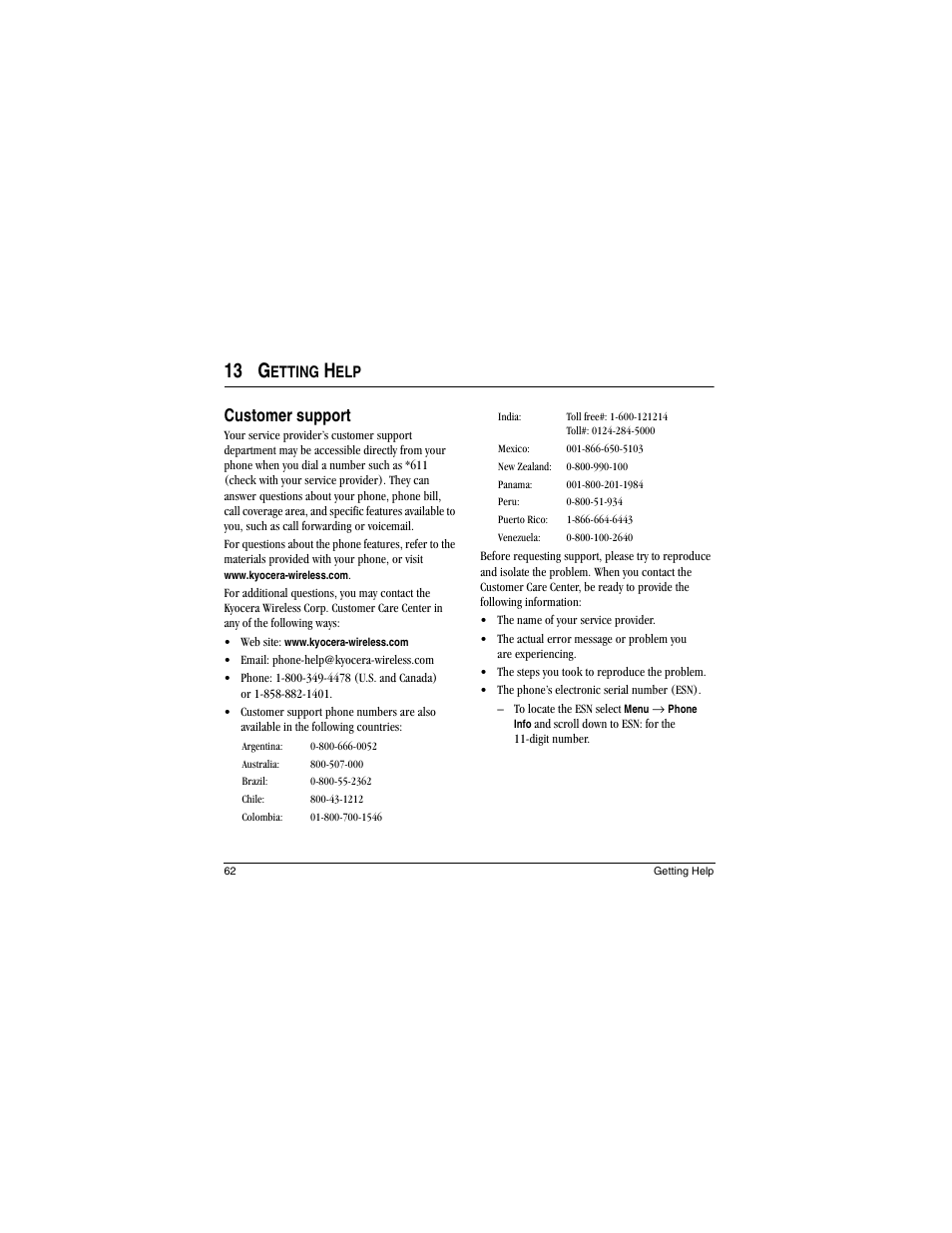 13 g, Customer support, Etting | Kyocera Koi User Manual | Page 68 / 72