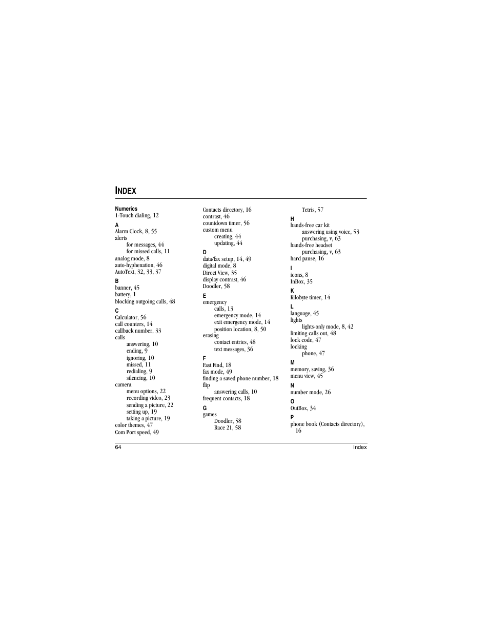 Ndex | Kyocera Koi User Manual | Page 70 / 72