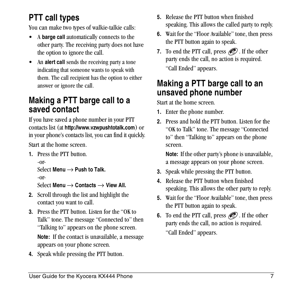 Ptt call types, Making a ptt barge call to a saved contact, Making a ptt barge call to an unsaved phone number | Kyocera KX444 User Manual | Page 13 / 64
