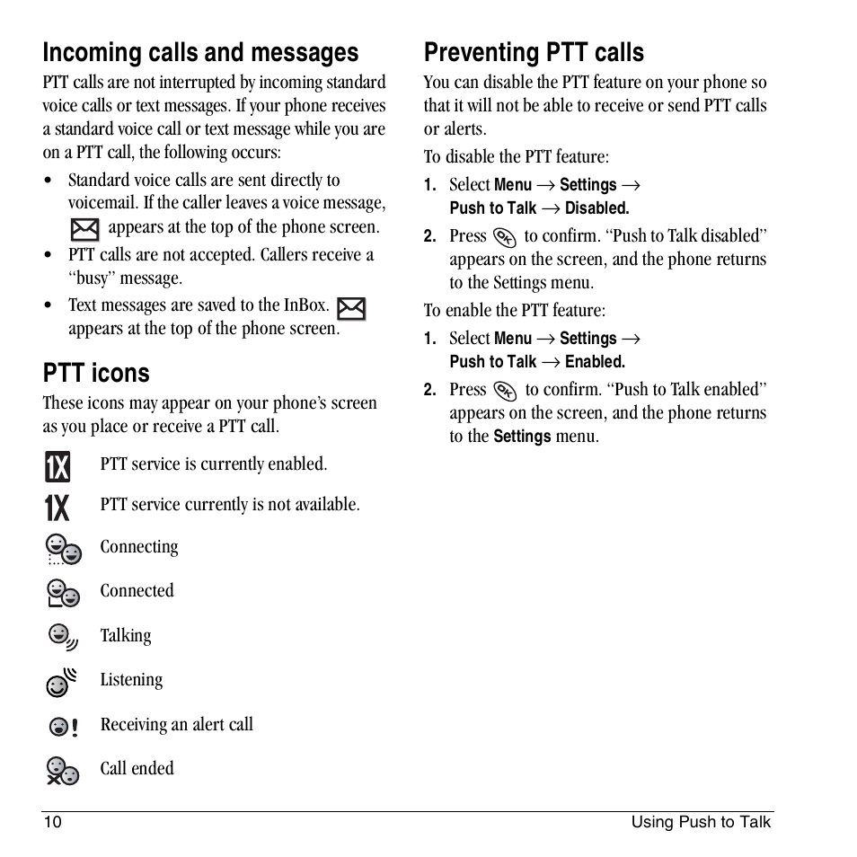 Incoming calls and messages, Ptt icons, Preventing ptt calls | Kyocera KX444 User Manual | Page 16 / 64