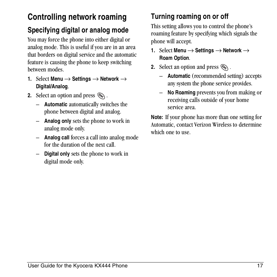 Controlling network roaming, Specifying digital or analog mode, Turning roaming on or off | Kyocera KX444 User Manual | Page 23 / 64