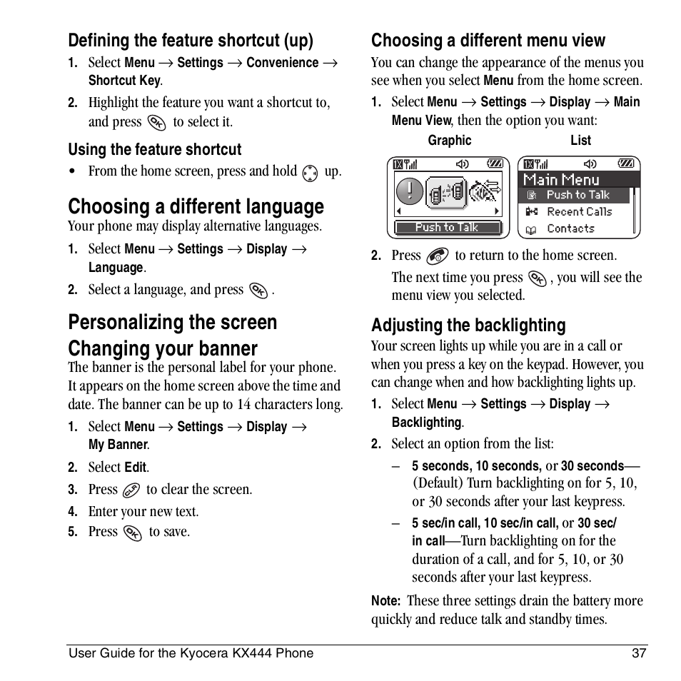 Choosing a different language, Personalizing the screen changing your banner, Defining the feature shortcut (up) | Choosing a different menu view, Adjusting the backlighting | Kyocera KX444 User Manual | Page 43 / 64