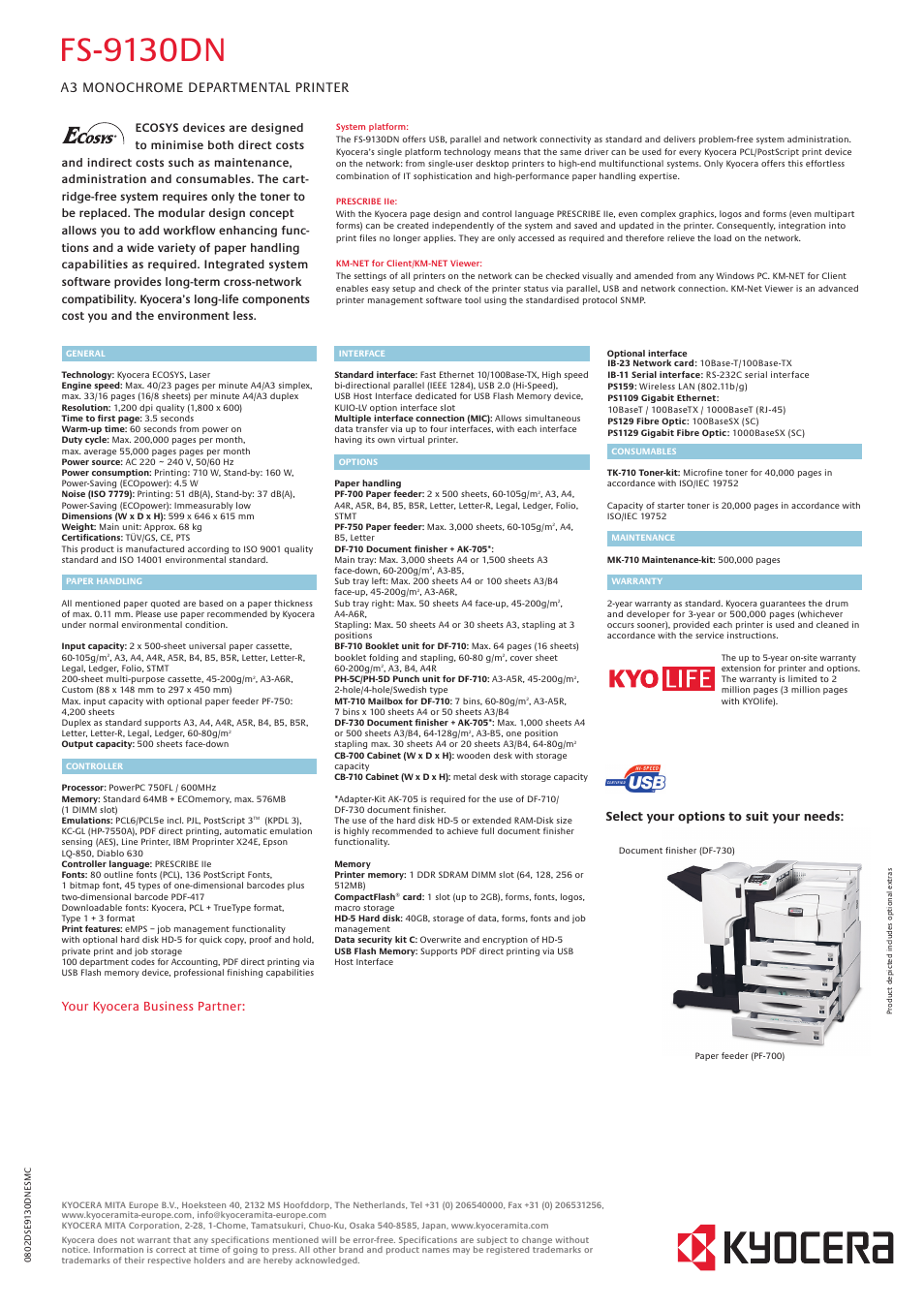 Fs-9130dn, A3 monochrome departmental printer, Your kyocera business partner | Select your options to suit your needs | Kyocera ECOSYS FS-9130DN User Manual | Page 2 / 2