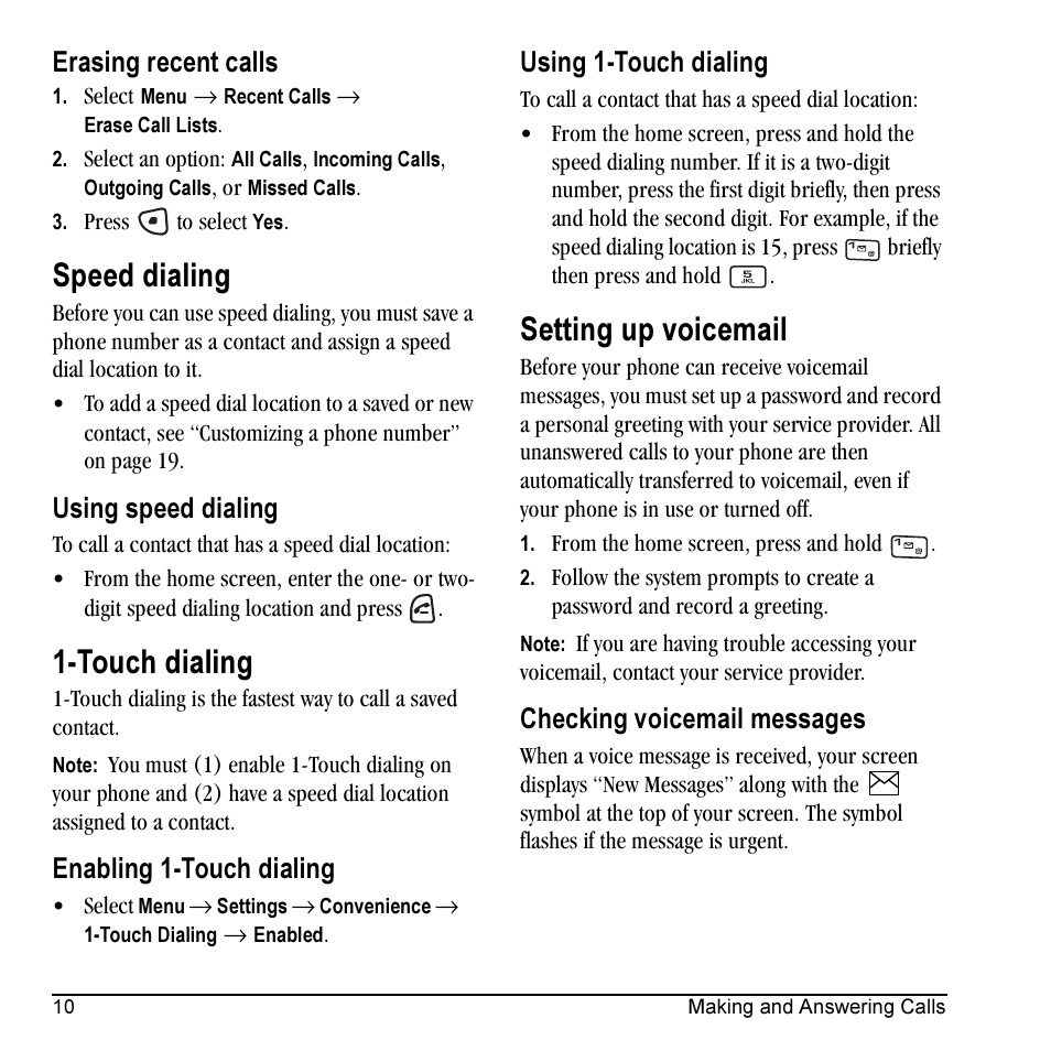 Speed dialing, Touch dialing, Setting up voicemail | Erasing recent calls, Using speed dialing, Enabling 1-touch dialing, Using 1-touch dialing, Checking voicemail messages | Kyocera Milan KX9C User Manual | Page 16 / 64