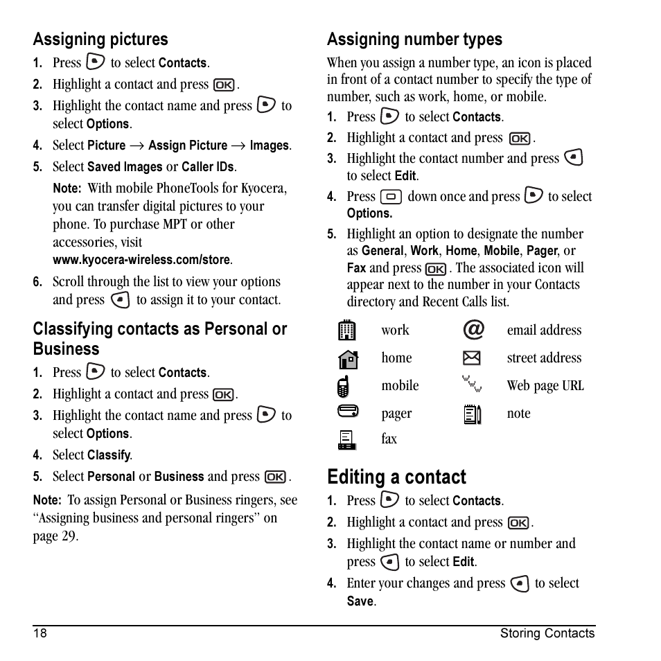 Editing a contact, Assigning pictures, Classifying contacts as personal or business | Assigning number types | Kyocera Milan KX9C User Manual | Page 24 / 64