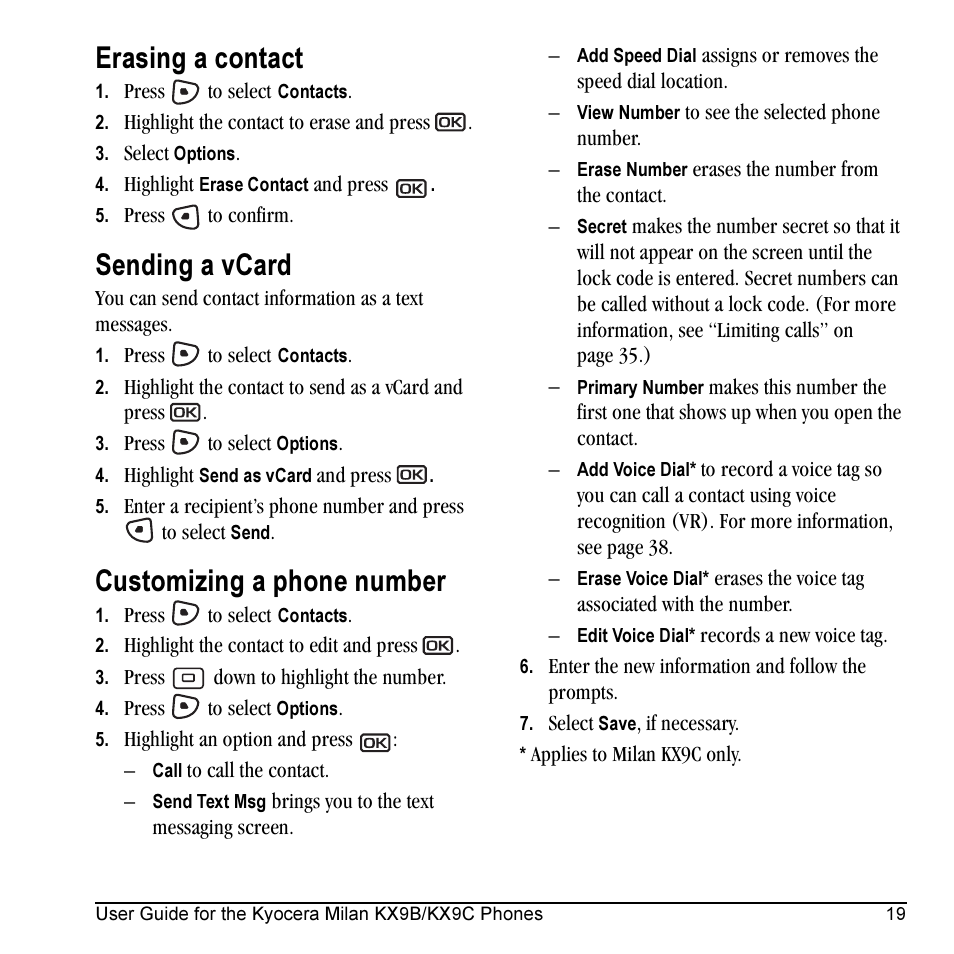 Erasing a contact, Sending a vcard, Customizing a phone number | Kyocera Milan KX9C User Manual | Page 25 / 64
