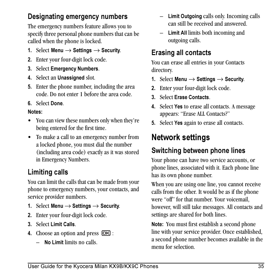 Network settings, Designating emergency numbers, Limiting calls | Erasing all contacts, Switching between phone lines | Kyocera Milan KX9C User Manual | Page 41 / 64