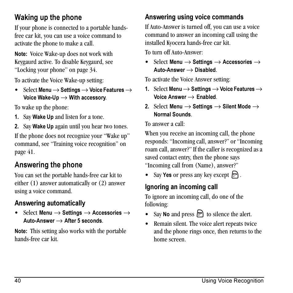 Waking up the phone, Answering the phone | Kyocera Milan KX9C User Manual | Page 46 / 64