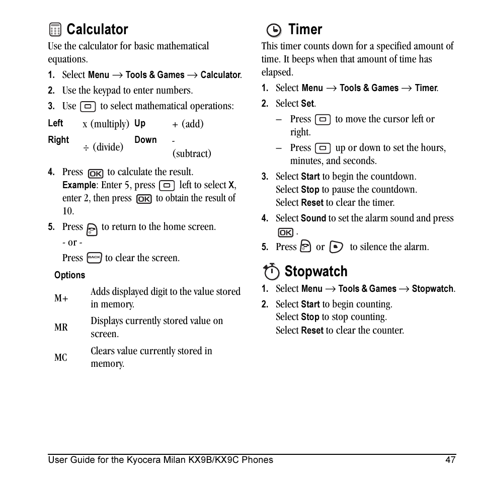 Calculator, Timer, Stopwatch | Kyocera Milan KX9C User Manual | Page 53 / 64