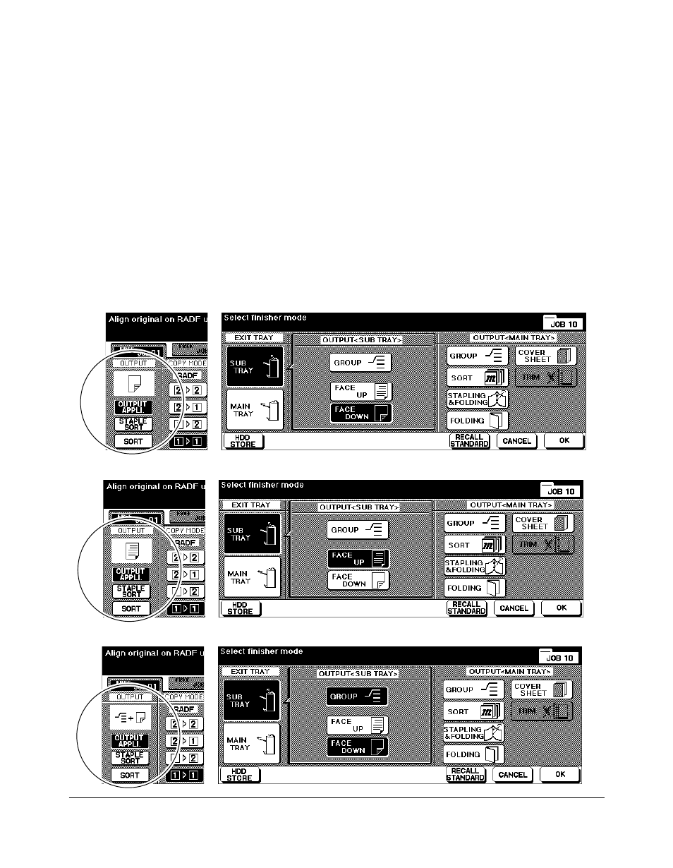 Output modes using secondary (sub) tray, Output modes using secondary (sub) tray -10, Output modes | Kyocera copier User Manual | Page 115 / 292