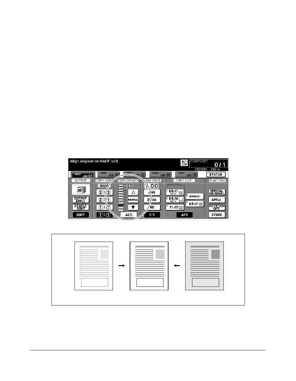 Copy density, Automatic exposure selection (aes), Manual mode (lighter, normal, darker) | Copy density -7, Basic operations | Kyocera copier User Manual | Page 69 / 292