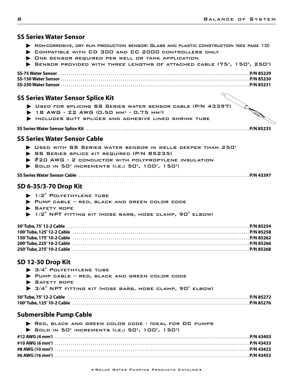 Sd 12-30 drop kit, Ss series water sensor cable, Submersible pump cable | Ss series water sensor splice kit, Ss series water sensor | Kyocera 85221 User Manual | Page 10 / 20