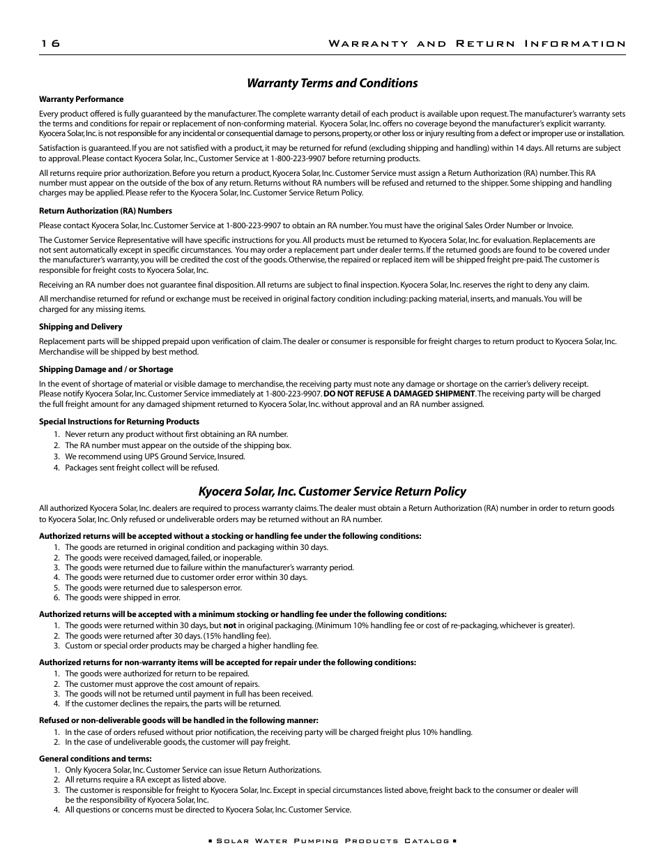 Warranty terms and conditions, Kyocera solar, inc. customer service return policy | Kyocera 85221 User Manual | Page 18 / 20