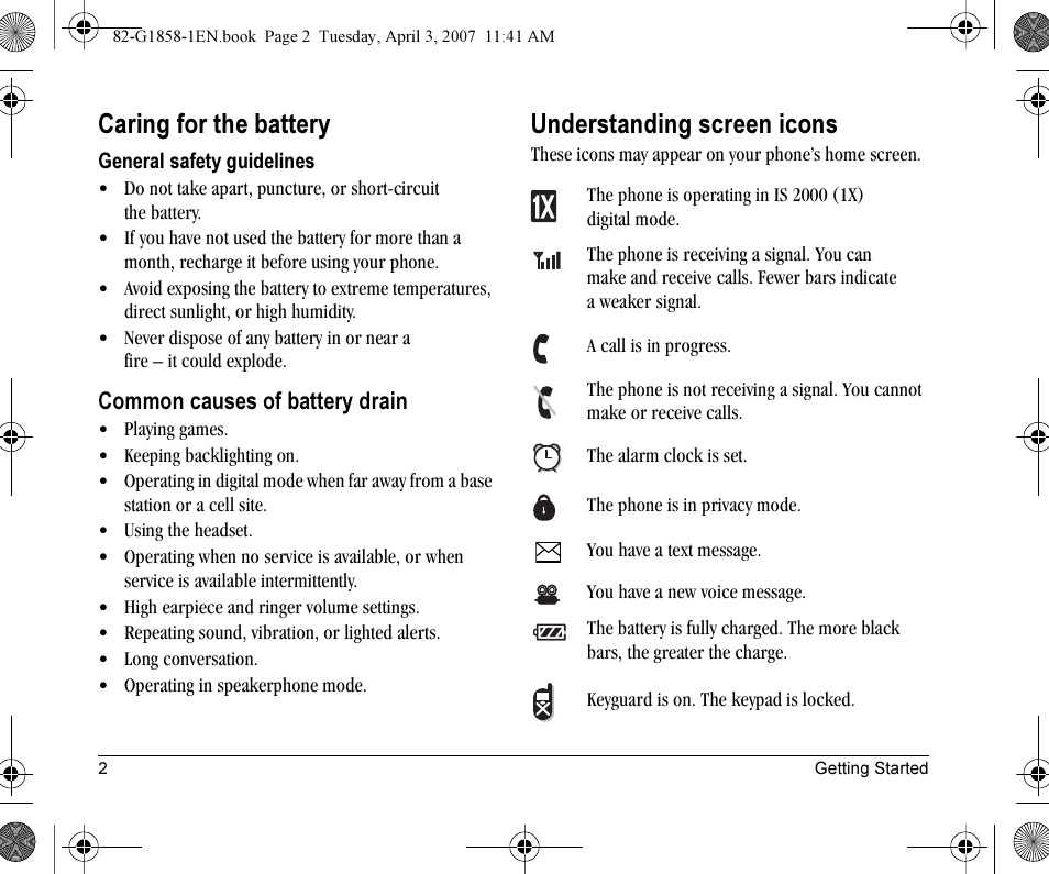 Caring for the battery, Understanding screen icons | Kyocera K126C User Manual | Page 10 / 56