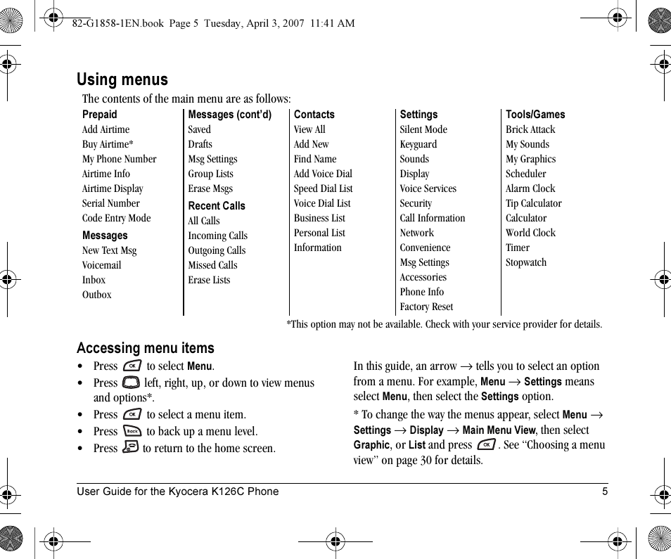 Using menus, Accessing menu items | Kyocera K126C User Manual | Page 13 / 56