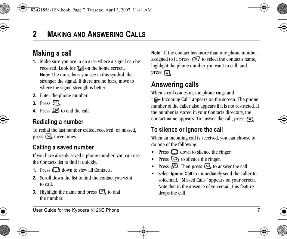 Making a call, Answering calls | Kyocera K126C User Manual | Page 15 / 56