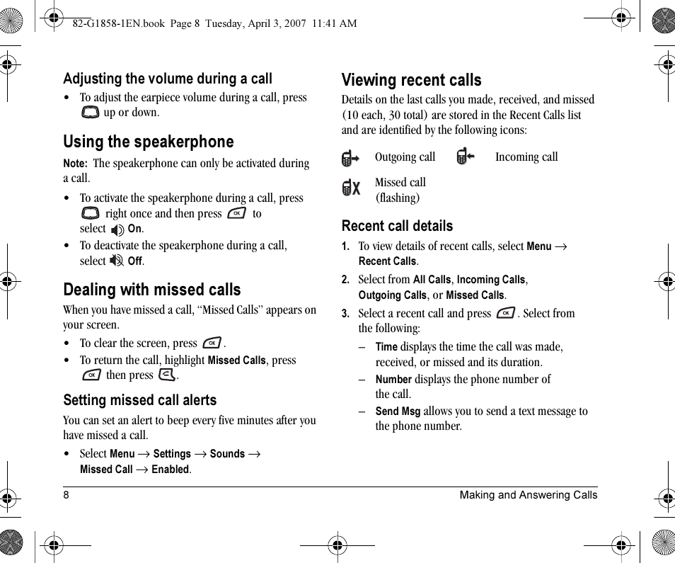 Using the speakerphone, Dealing with missed calls, Viewing recent calls | Kyocera K126C User Manual | Page 16 / 56