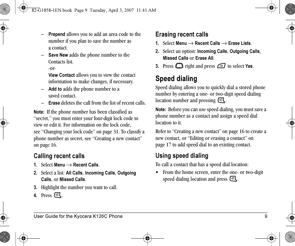 Speed dialing, Calling recent calls, Erasing recent calls | Using speed dialing | Kyocera K126C User Manual | Page 17 / 56