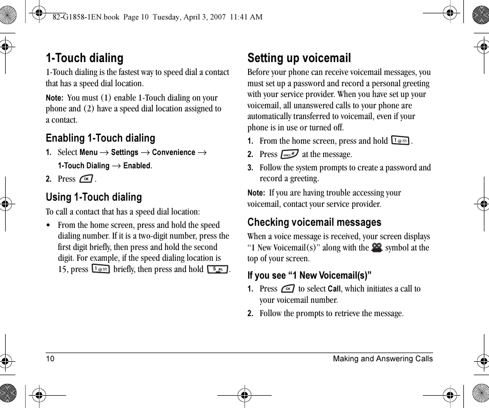 Touch dialing, Setting up voicemail | Kyocera K126C User Manual | Page 18 / 56