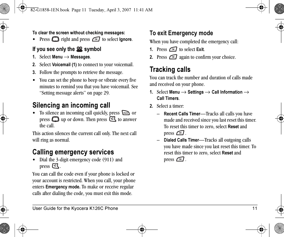 Silencing an incoming call, Calling emergency services, Tracking calls | Kyocera K126C User Manual | Page 19 / 56