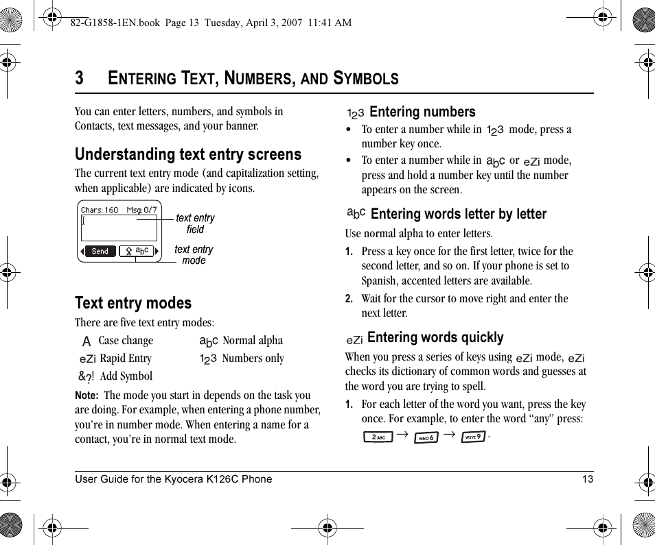 Understanding text entry screens, Text entry modes | Kyocera K126C User Manual | Page 21 / 56