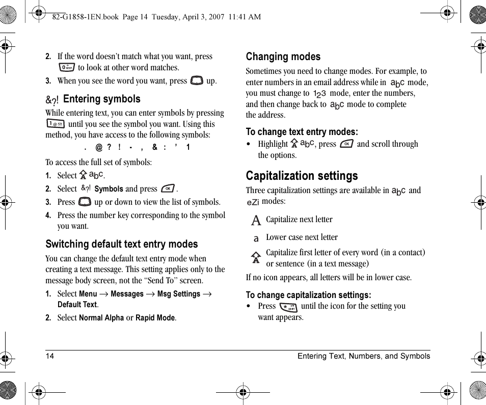Capitalization settings, Entering symbols, Switching default text entry modes | Changing modes | Kyocera K126C User Manual | Page 22 / 56