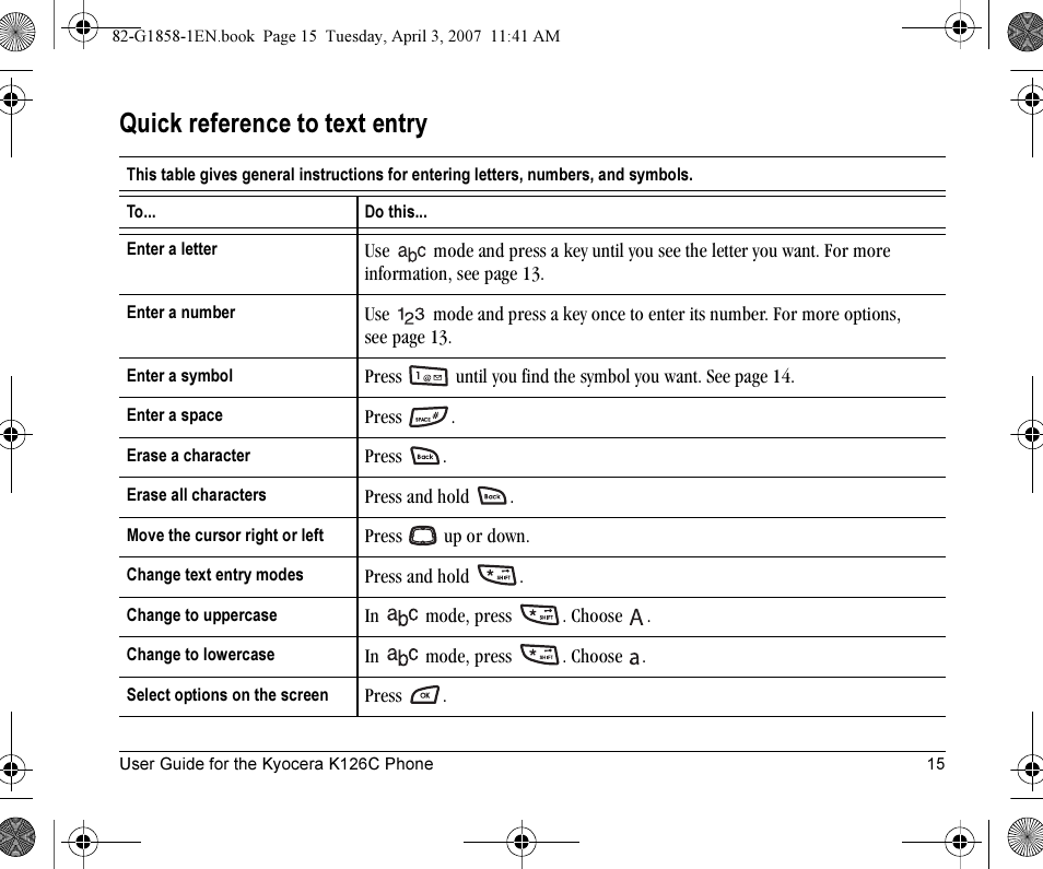 Quick reference to text entry | Kyocera K126C User Manual | Page 23 / 56