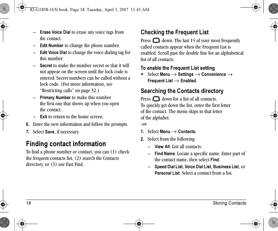 Finding contact information, Checking the frequent list, Searching the contacts directory | Kyocera K126C User Manual | Page 26 / 56