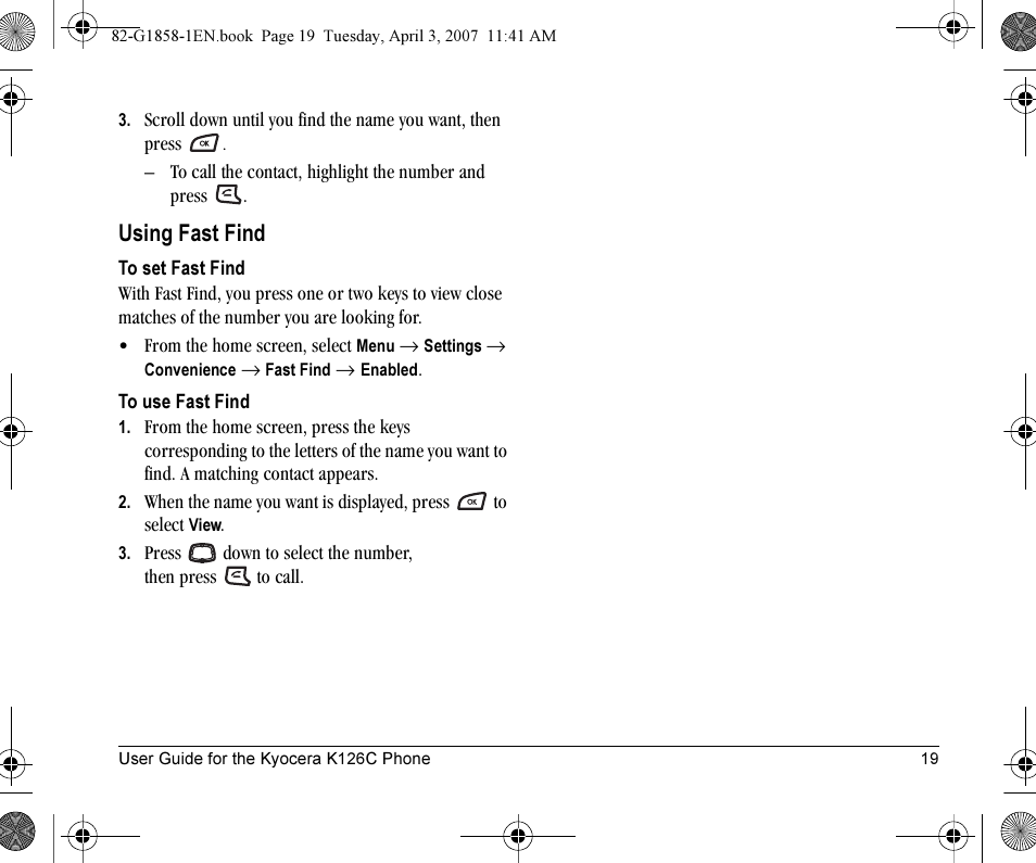 Using fast find | Kyocera K126C User Manual | Page 27 / 56