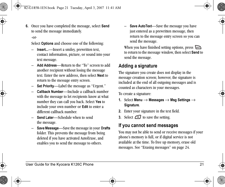 Adding a signature, If you cannot send messages | Kyocera K126C User Manual | Page 29 / 56