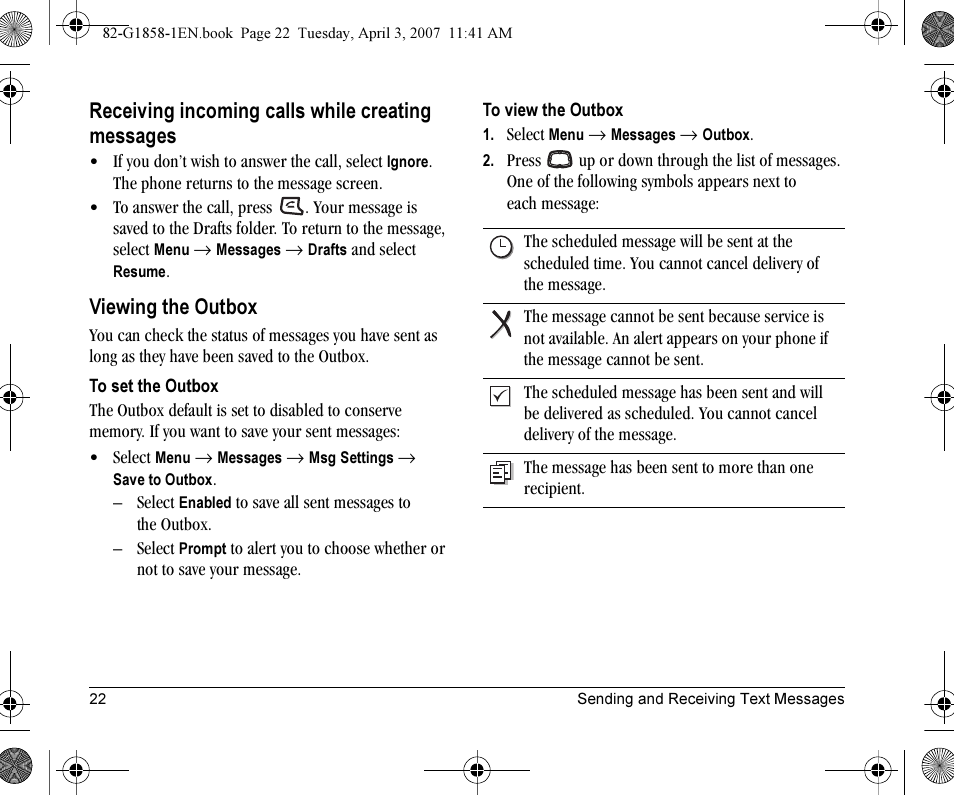 Receiving incoming calls while creating messages, Viewing the outbox | Kyocera K126C User Manual | Page 30 / 56