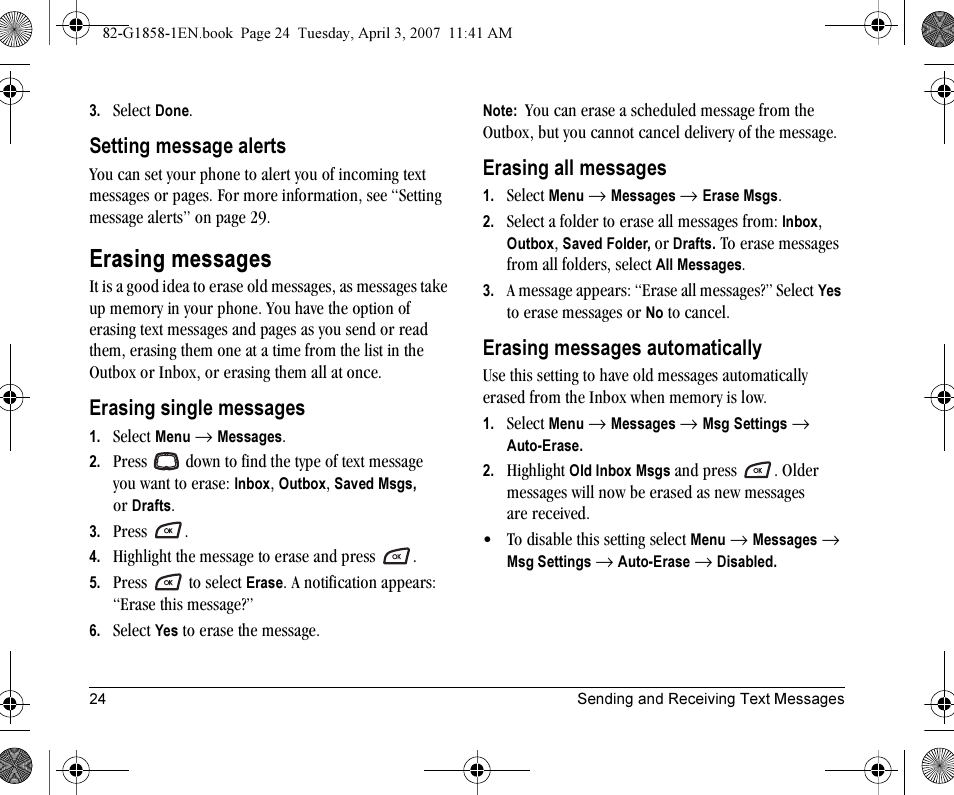 Erasing messages, Setting message alerts, Erasing single messages | Erasing all messages, Erasing messages automatically | Kyocera K126C User Manual | Page 32 / 56