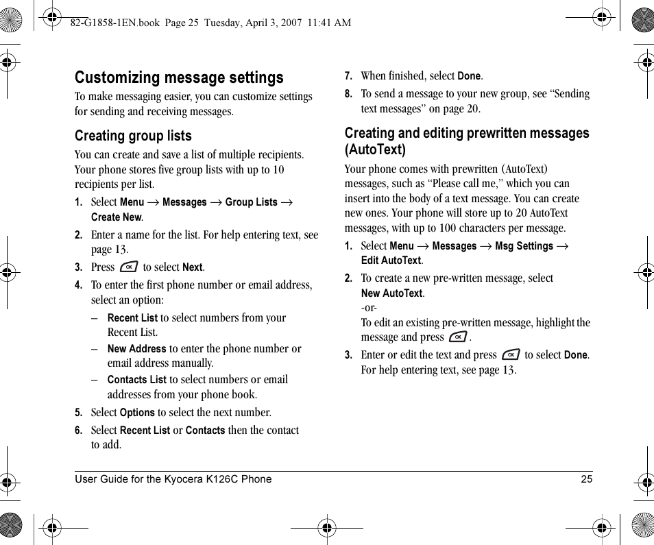Customizing message settings, Creating group lists | Kyocera K126C User Manual | Page 33 / 56