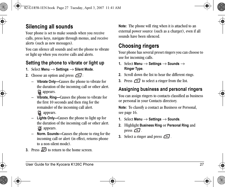 Silencing all sounds, Choosing ringers | Kyocera K126C User Manual | Page 35 / 56
