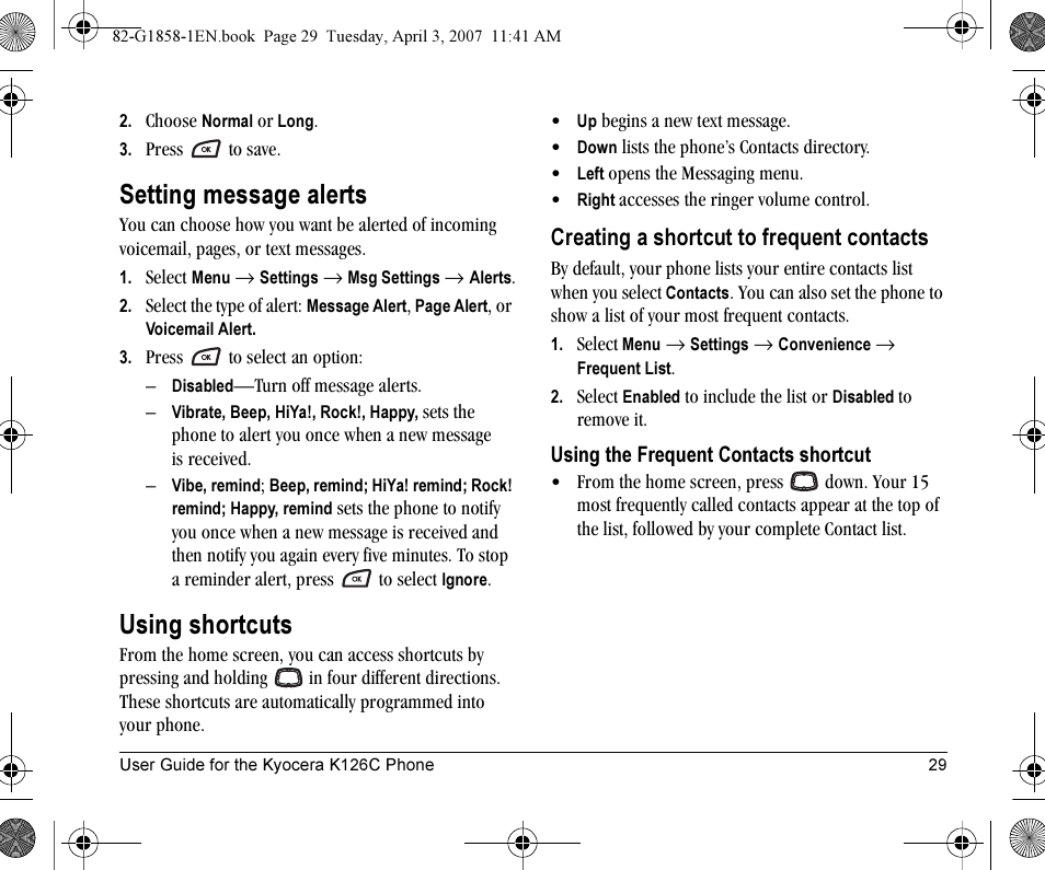 Setting message alerts, Using shortcuts, Creating a shortcut to frequent contacts | Kyocera K126C User Manual | Page 37 / 56