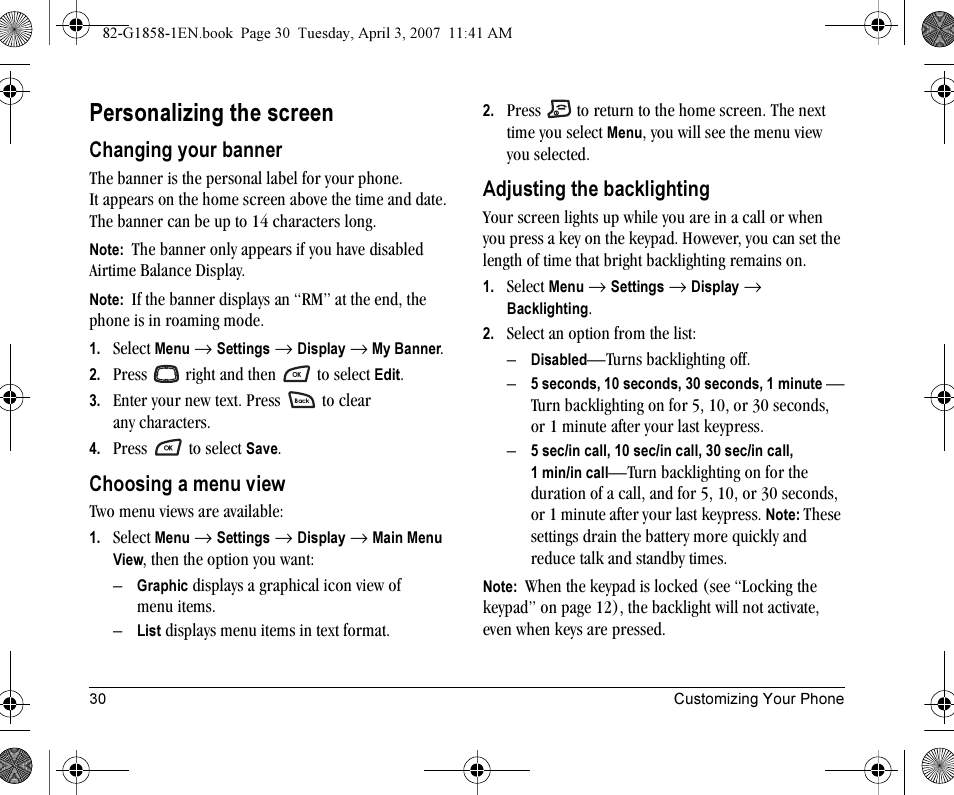 Personalizing the screen, Changing your banner, Choosing a menu view | Adjusting the backlighting | Kyocera K126C User Manual | Page 38 / 56