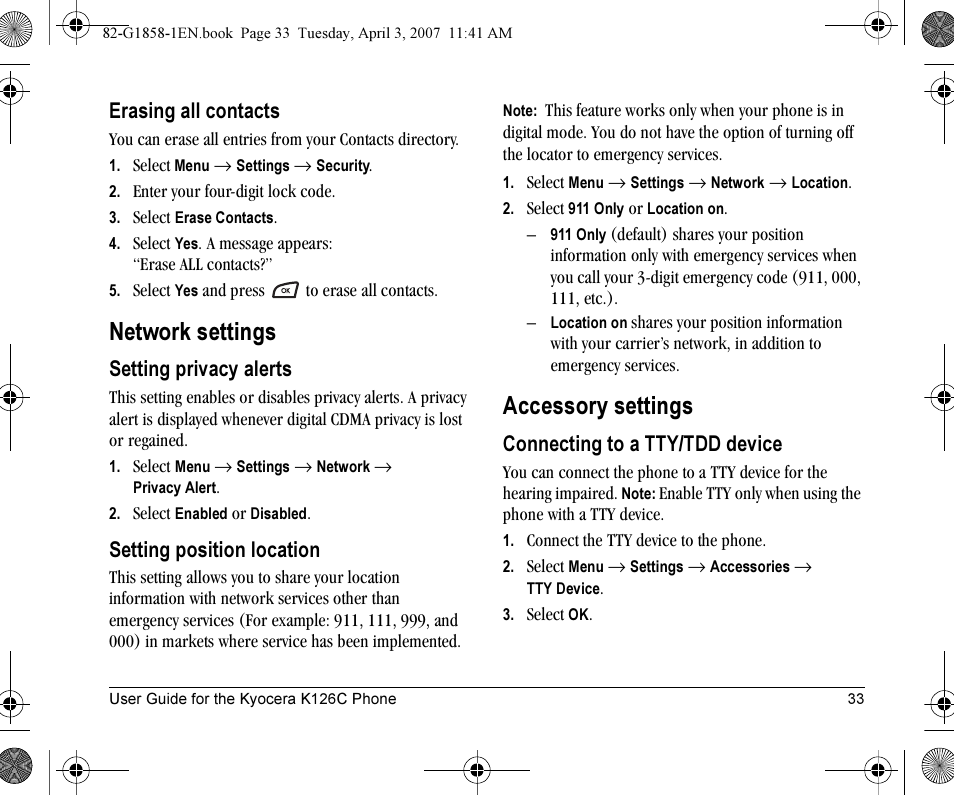 Network settings, Accessory settings, Erasing all contacts | Setting privacy alerts, Setting position location, Connecting to a tty/tdd device | Kyocera K126C User Manual | Page 41 / 56