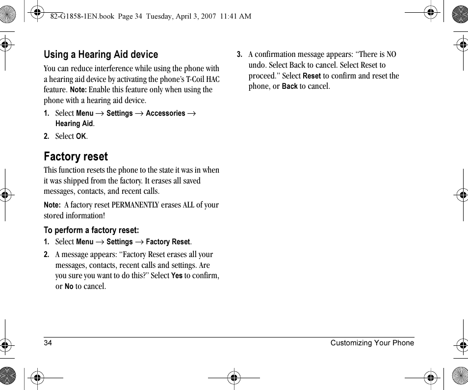 Factory reset, Using a hearing aid device | Kyocera K126C User Manual | Page 42 / 56