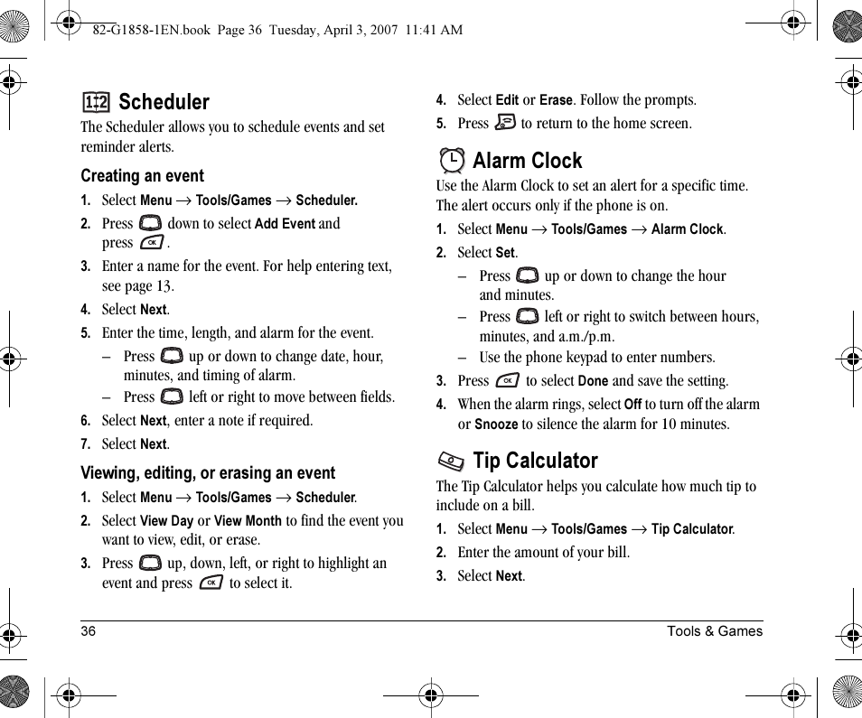 Scheduler, Alarm clock, Tip calculator | Kyocera K126C User Manual | Page 44 / 56