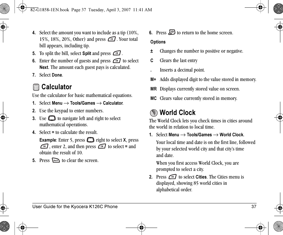 Calculator, World clock | Kyocera K126C User Manual | Page 45 / 56