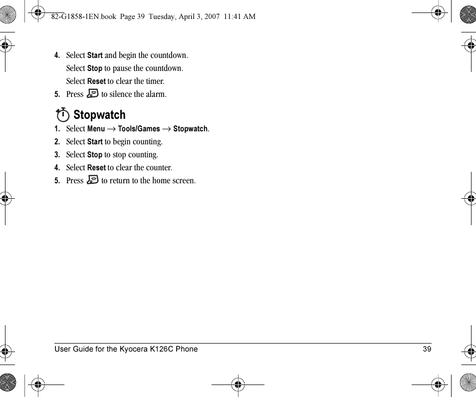 Stopwatch | Kyocera K126C User Manual | Page 47 / 56