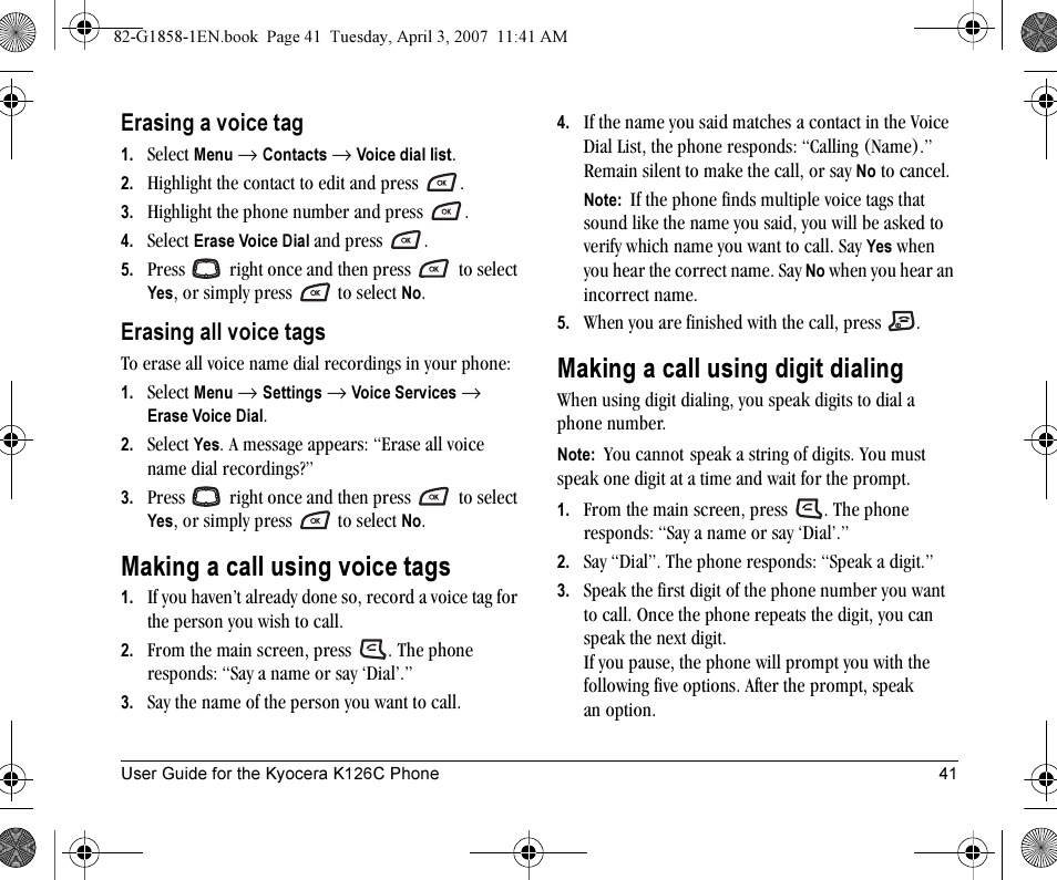 Making a call using voice tags, Making a call using digit dialing | Kyocera K126C User Manual | Page 49 / 56