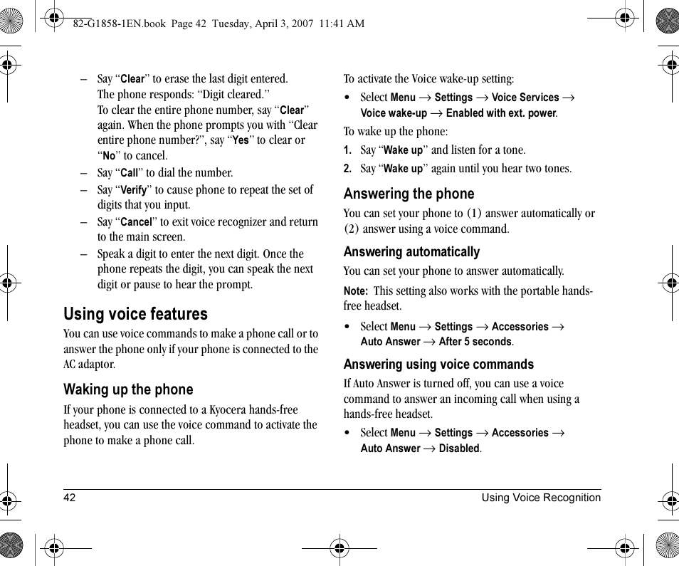 Using voice features, Waking up the phone, Answering the phone | Kyocera K126C User Manual | Page 50 / 56