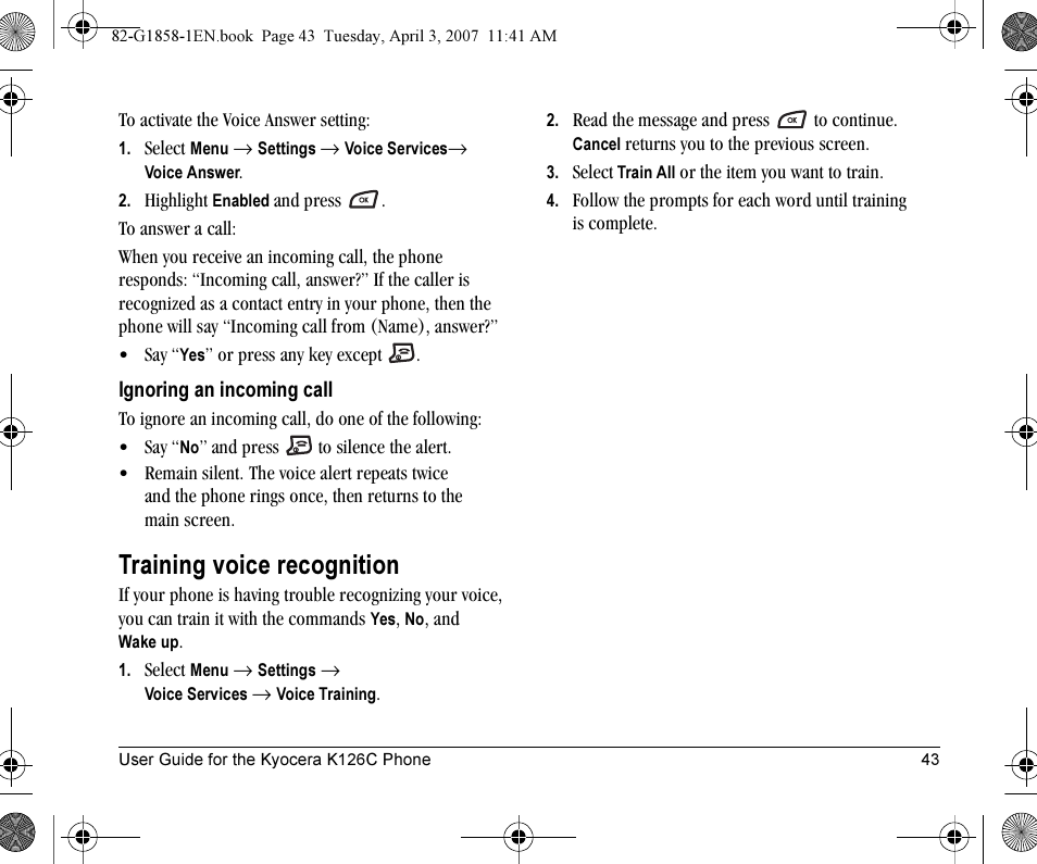Training voice recognition | Kyocera K126C User Manual | Page 51 / 56