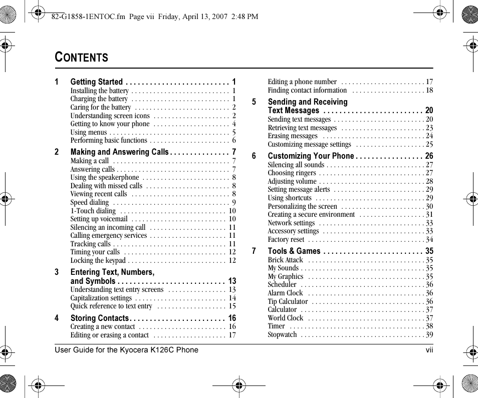 Ontents | Kyocera K126C User Manual | Page 7 / 56