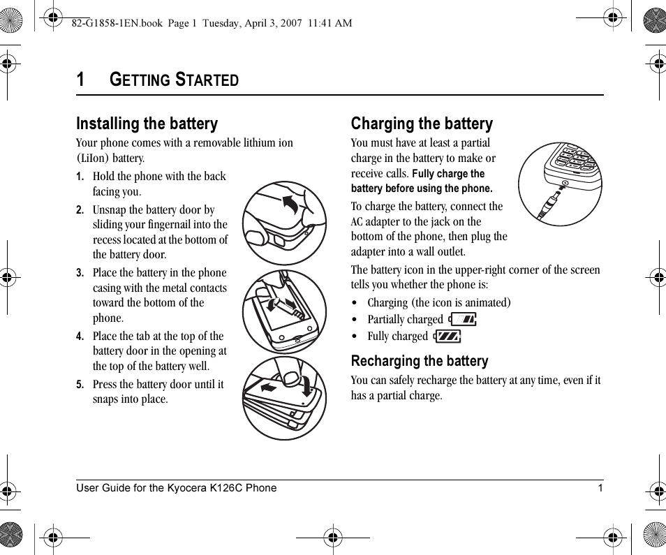 Installing the battery, Charging the battery | Kyocera K126C User Manual | Page 9 / 56