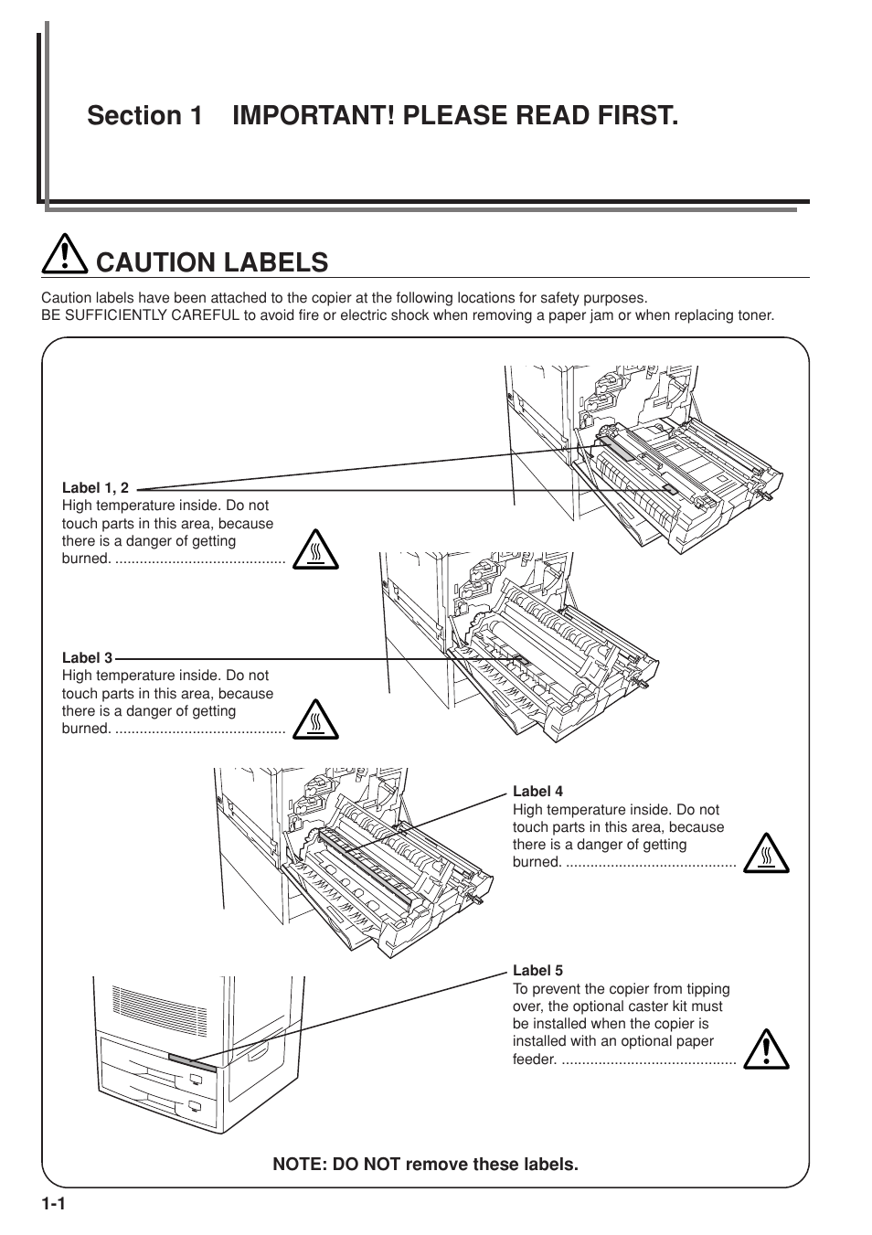 Caution labels | Kyocera KM-C830 User Manual | Page 14 / 161
